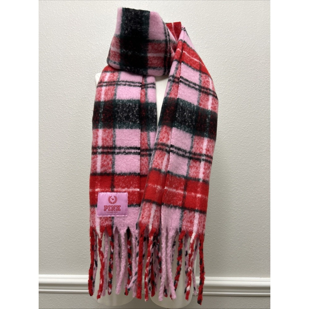 Victoria's Secret PINK Plaid Scarf Pink Red Black Fringe Cozy Knit Winter NWT
